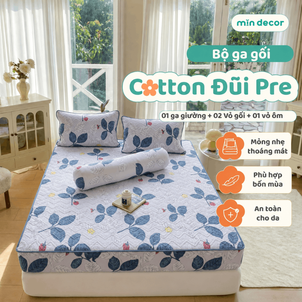 Bộ Drap Giường Sợi Cotton Đũi Đệm 30cm Pre Mịn Decor, Vỏ Ga Gối Chần Bông 1m6x2m | 1m8x2m | 2mx2m2
