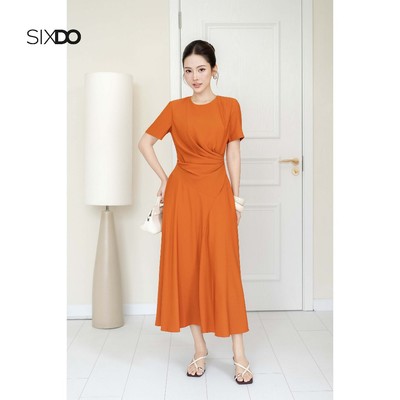 Đầm dáng xòe dài nhún eo ngắn tay SIXDO (Ochre Woven Flared Dress)