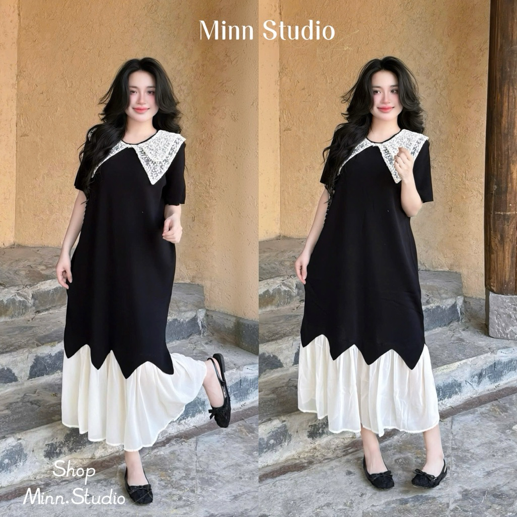 [Minn.Studio] Váy Len Cộc Tay Cổ Ren Phối Chân Voan