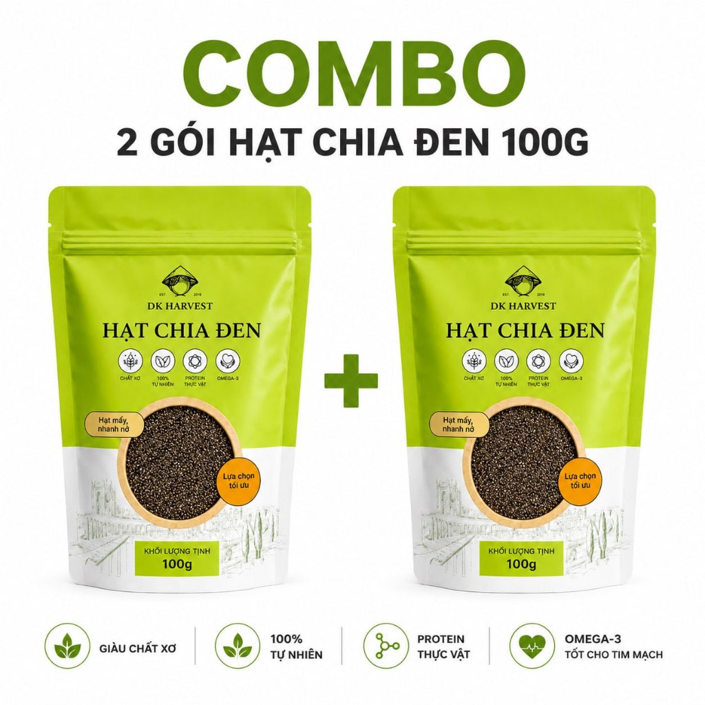 Combo 200g (100g x2) Hạt Chia DK Harvest - Hạt chia độ tinh khiết cao, Thực phẩm ăn kiêng, Có giấy n