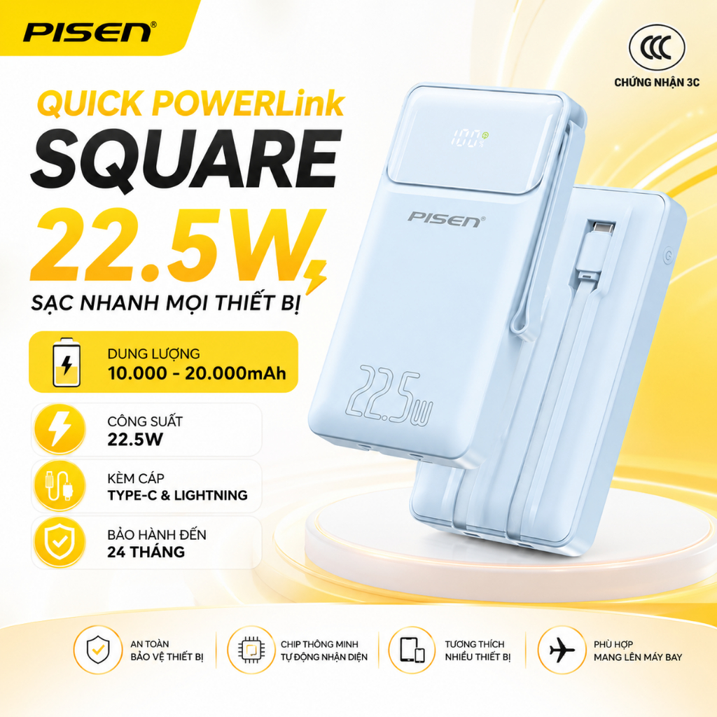 Sạc dự phòng Pisen QUICK POWERLink Square 22.5W 20000mAh - Bảo hành 24 tháng