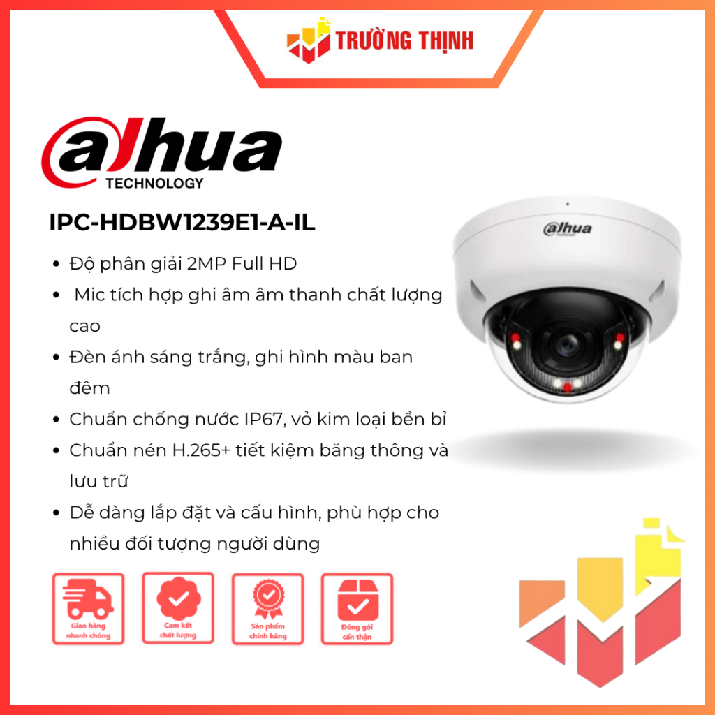 Camera IP Dome 2MP DAHUA DH-IPC-HDBW1239E1-A-IL | 2MP | Có Mic | IP67