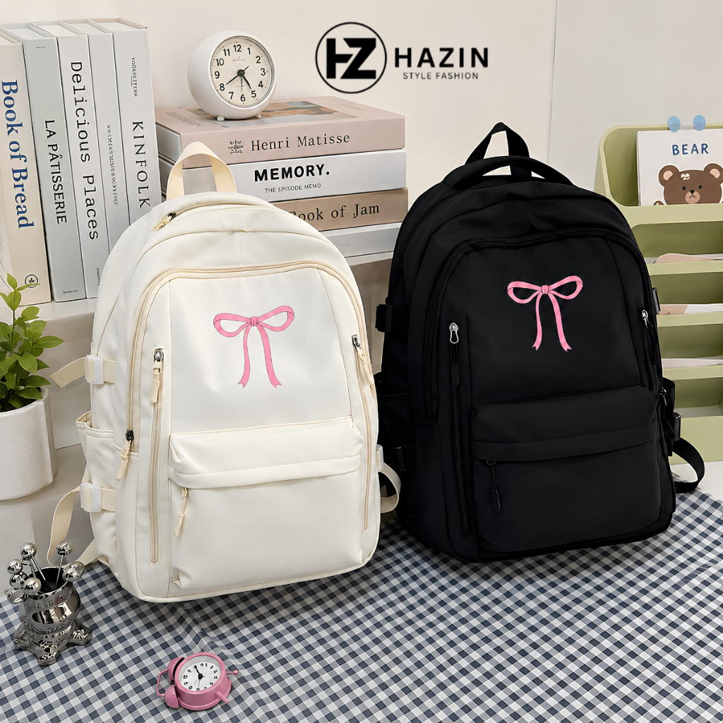 Balo Thêu Nơ Hazin đi học đi chơi kiểu dáng Basic cho nam nữ, 41x30x13cm, Hàng có sẵn Backpack vải đ