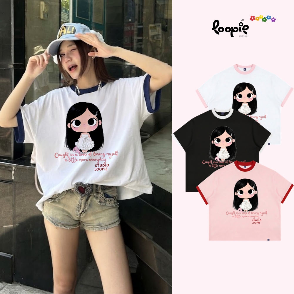 Áo Boxy Phối Tay LOOPIE CLUB BST70 Mẫu Hoạt Hình -Áo Phông Ringer Cotton 2 Chiều Aesthetic