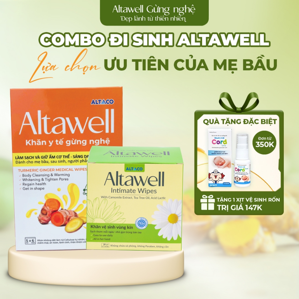 Combo Đi Sinh Altawell Khăn Y Tế Gừng Nghệ & Khăn Vệ Sinh Phụ Nữ - Hỗ Trợ Làm Sạch, Khử Mùi, Lành Tí