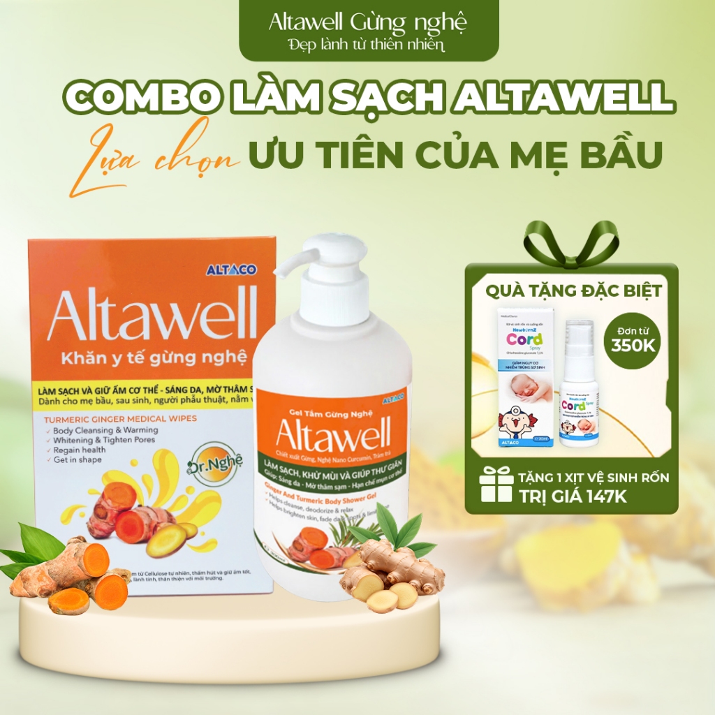 Combo Làm Sạch Altawell Khăn Y Tế Gừng Nghệ & Gel Tắm Gừng Nghệ Hỗ Trợ Làm Sạch, Khử Mùi, Hỗ Trợ Sán