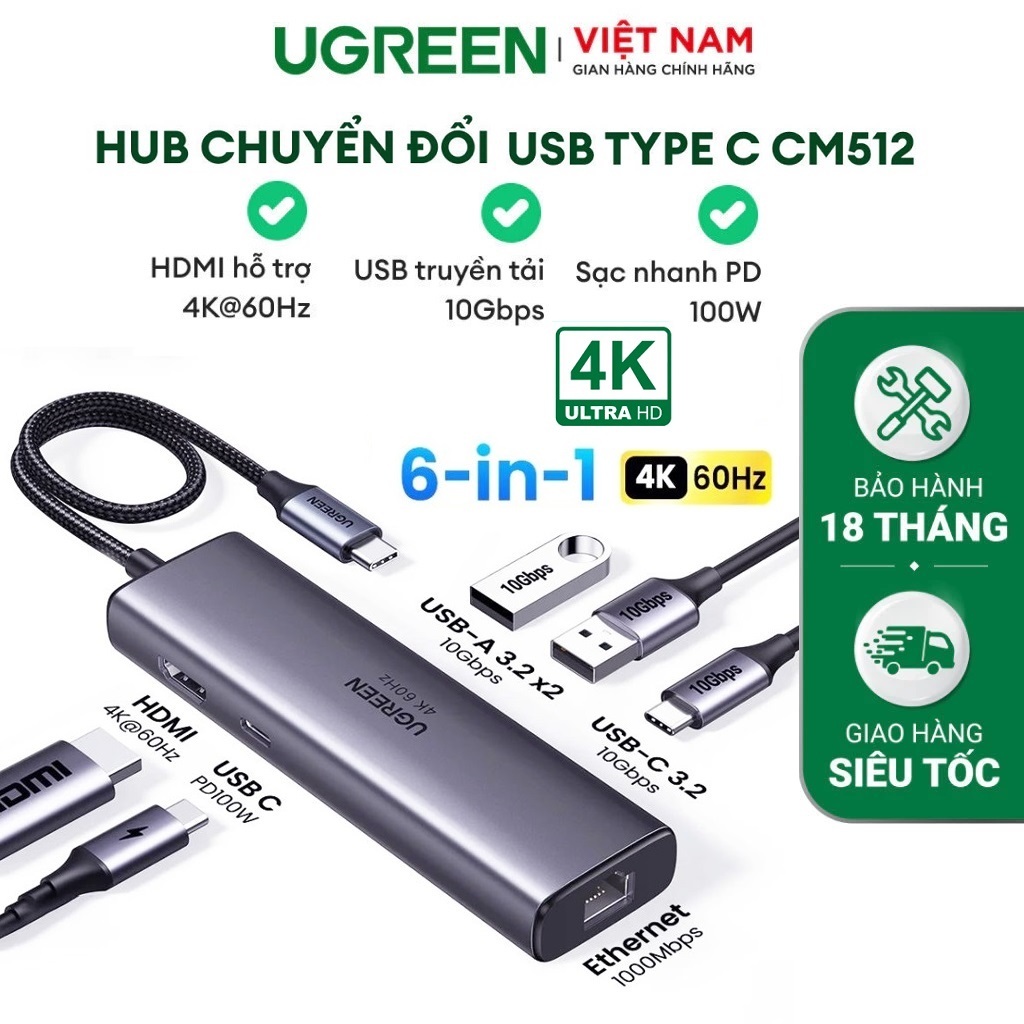 HUB 6 in 1 Bộ chuyển đổi USB Type C sang Sạc PD 100W, HDMI 4K@60Hz,USB 3.0, LAN Gigabit 1000Mbps Ugr