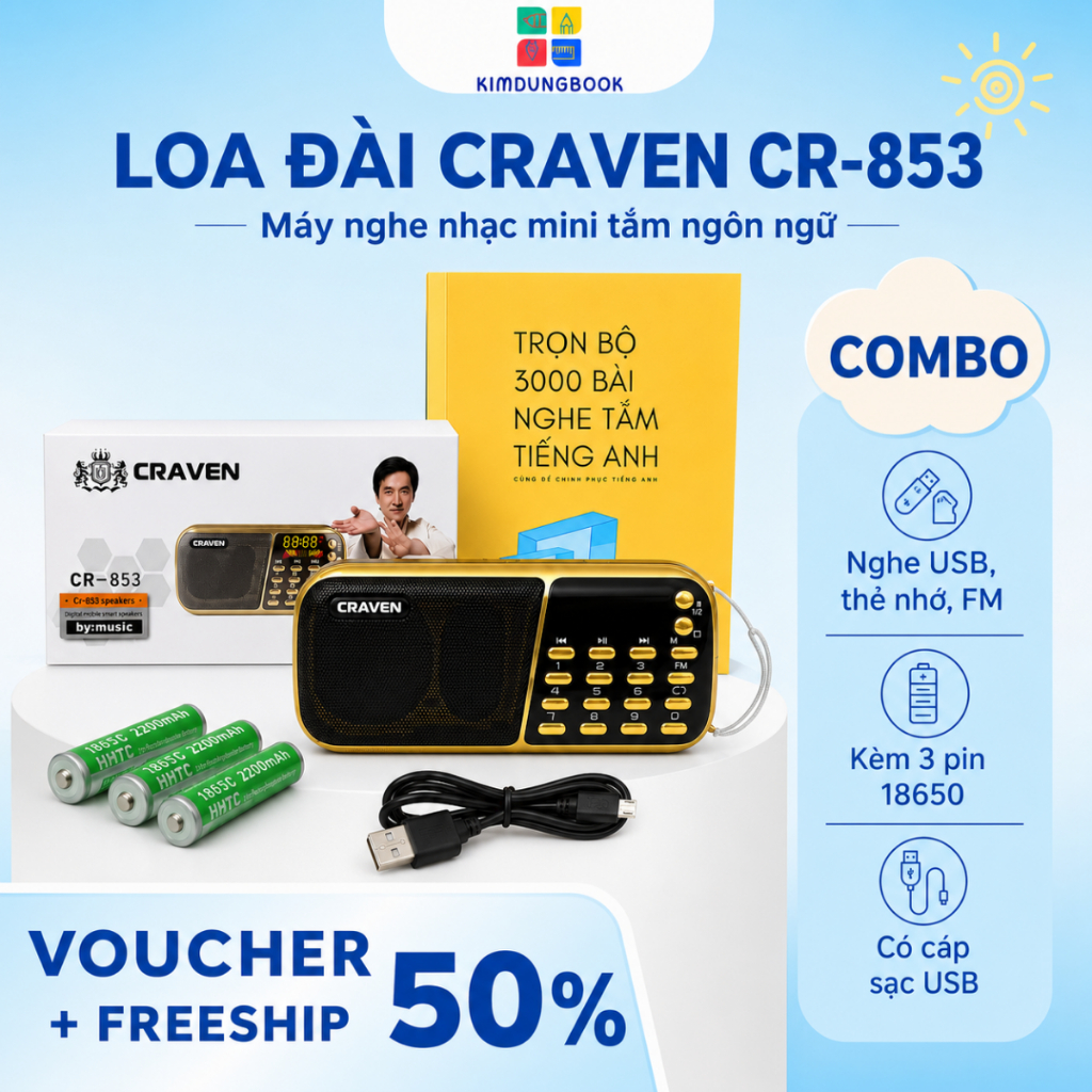 Loa Đài Craven nghe thẻ nhớ, USB, FM, Máy nghe nhạc mini Tắm Ngôn Ngữ Caraven CR 853