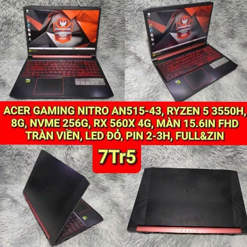 LAPTOP ACER GAMING NITRO AN515-43, RYZEN 5 3550H, 8G, NVME 256G, RX 560X 4G, MÀN 15.6IN FHD TRÀN VIỀ