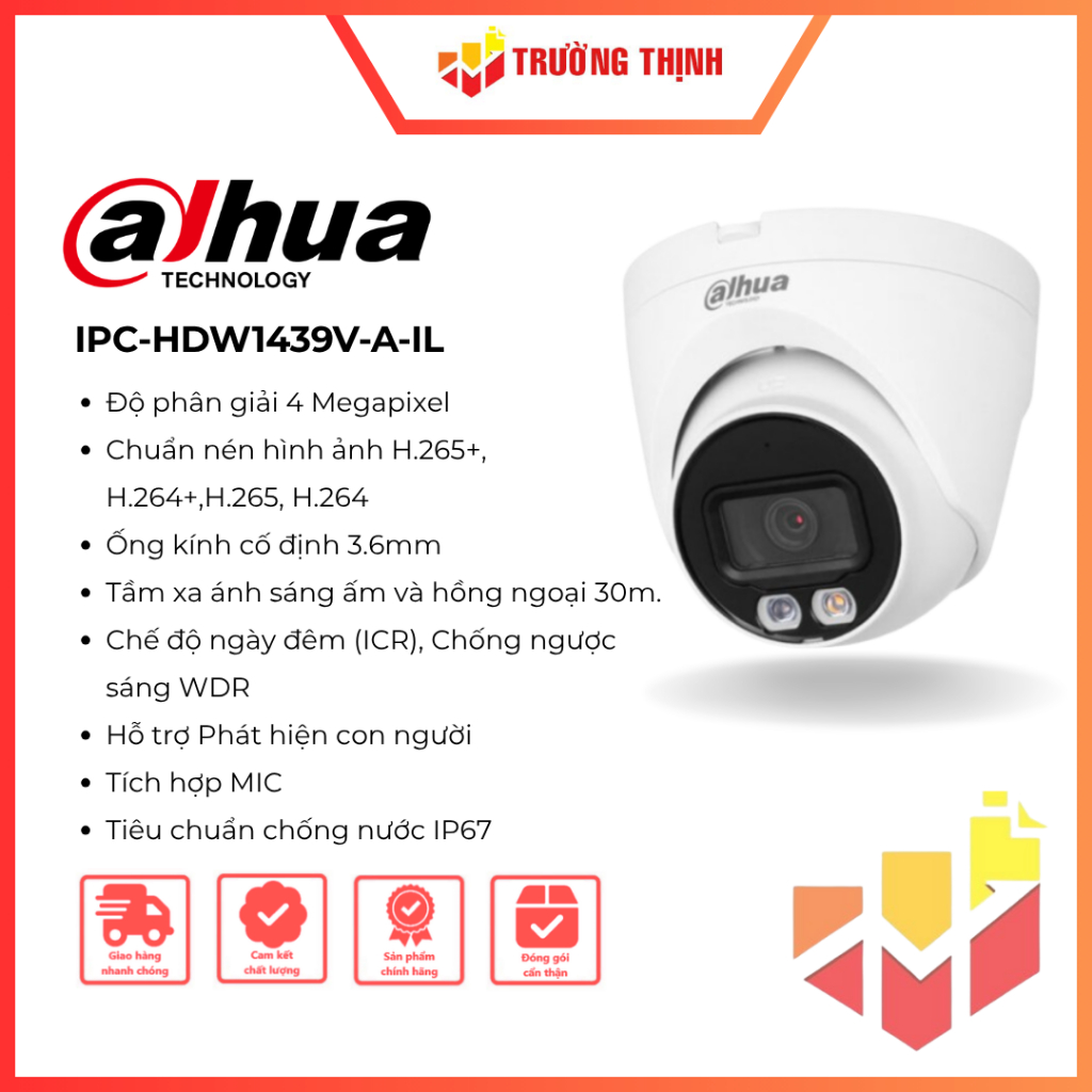 Camera IP Entry Smart Dual Light 4MP Dahua DH-IPC-HDW1439V-A-IL | 4MP | có Mic | IP67
