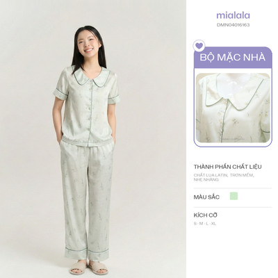 Mialala Bộ Mặc Nhà TNQD 6163 Thiết Kế Cổ Sen Đơn Vạt Màu Xanh Họa Tiết Hoa Cỏ Chất Lụa Latin Mềm