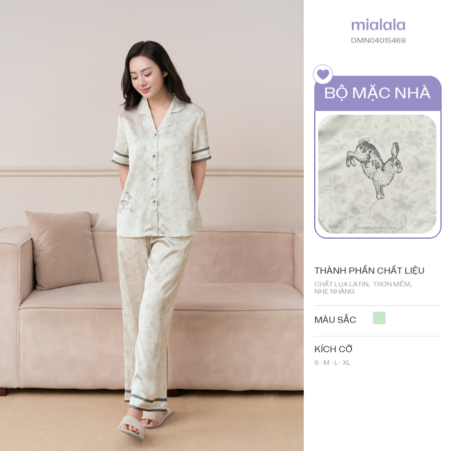 Đồ mặc nhà lụa cổ điển Mialala 5469 phiên bản cúc trắng họa tiết con thỏ