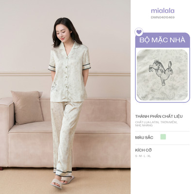 Đồ mặc nhà lụa cổ điển Mialala 5469 phiên bản cúc trắng họa tiết con thỏ