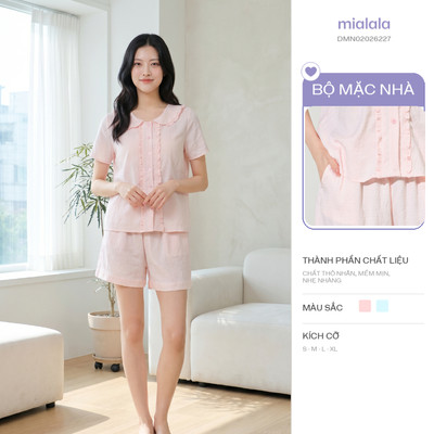Mialala Bộ Mặc Nhà Cho Nữ 6227 Cổ Sen Ren Bèo Chất Thô Nhăn Nhẹ Thoáng Mát Phong Cách Tiểu Thư