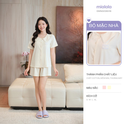 Mialala Bộ Mặc Nhà Tay Ngắn Quần Ngắn 6116 Chất Liệu Cotton Mềm Mại Cổ Sen Đơn Vạt Viền Ren Trắng