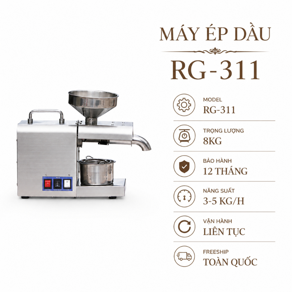 Máy Ép Dầu RG-311/RG311/R311/R-311 Mini 3-5Kg/H Ép Lạc Mè Đậu Phộng Hạt Óc Chó Inox 304 Bảo Hành 12 