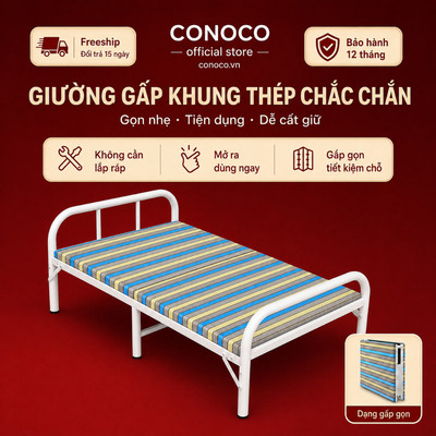 Giường Gấp Gọn CONOCO Khung Thép Chắc Chắn Không Cần Lắp Ráp Cho Văn Phòng Phòng Trọ Gia Đình