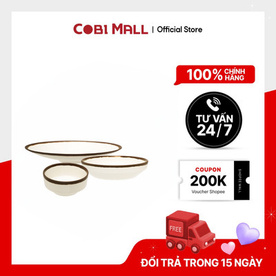 Bộ Chén Dĩa Nhựa Melamine Đủ Kích Thước Kem Viền Nâu Cổ Điển, Chịu Nhiệt Cao - Cobi Home