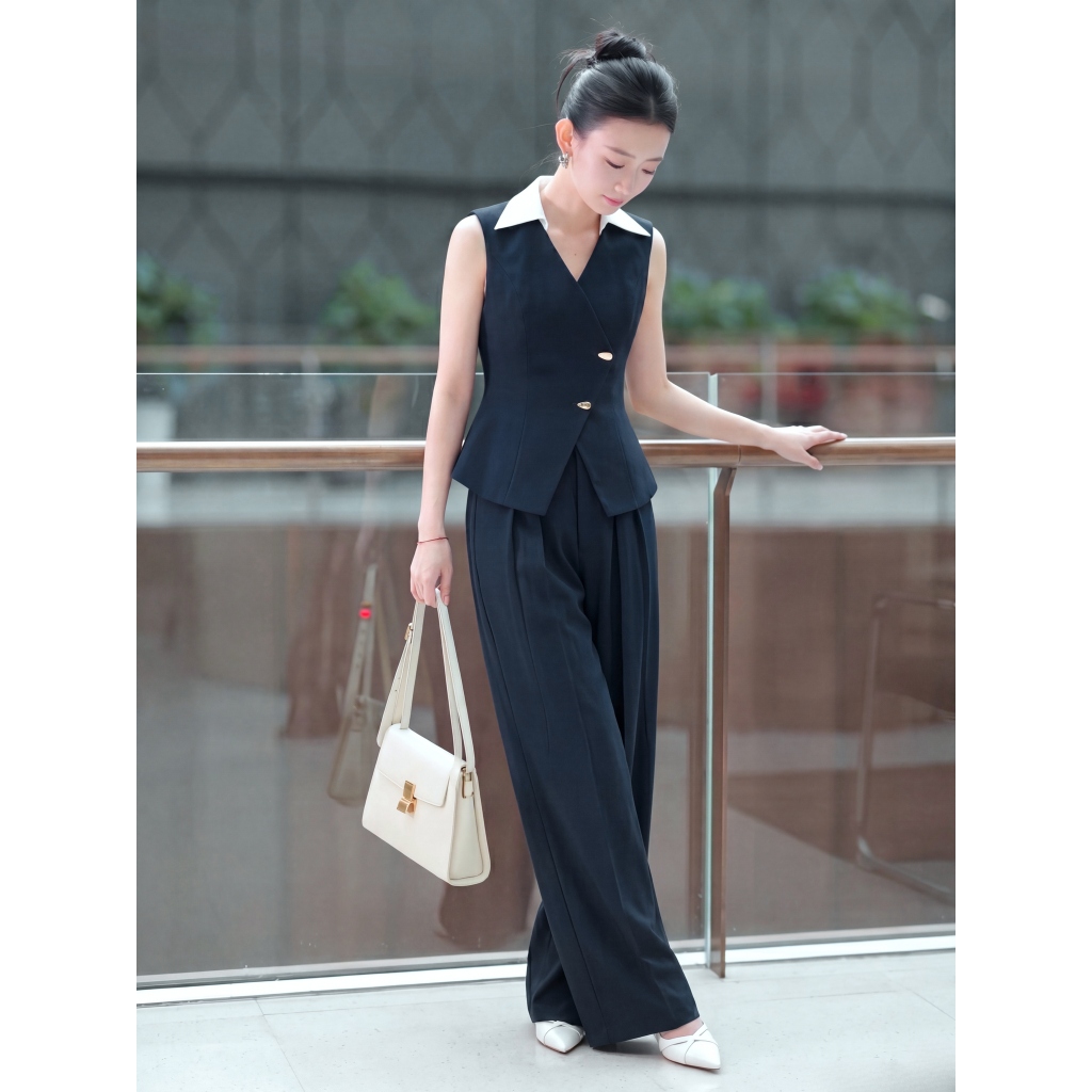 YM Concept Set Áo Gile Cổ Chéo Phối Cổ Trắng Và Quần Suông - Thanh Lịch, Cổ Điển D1682