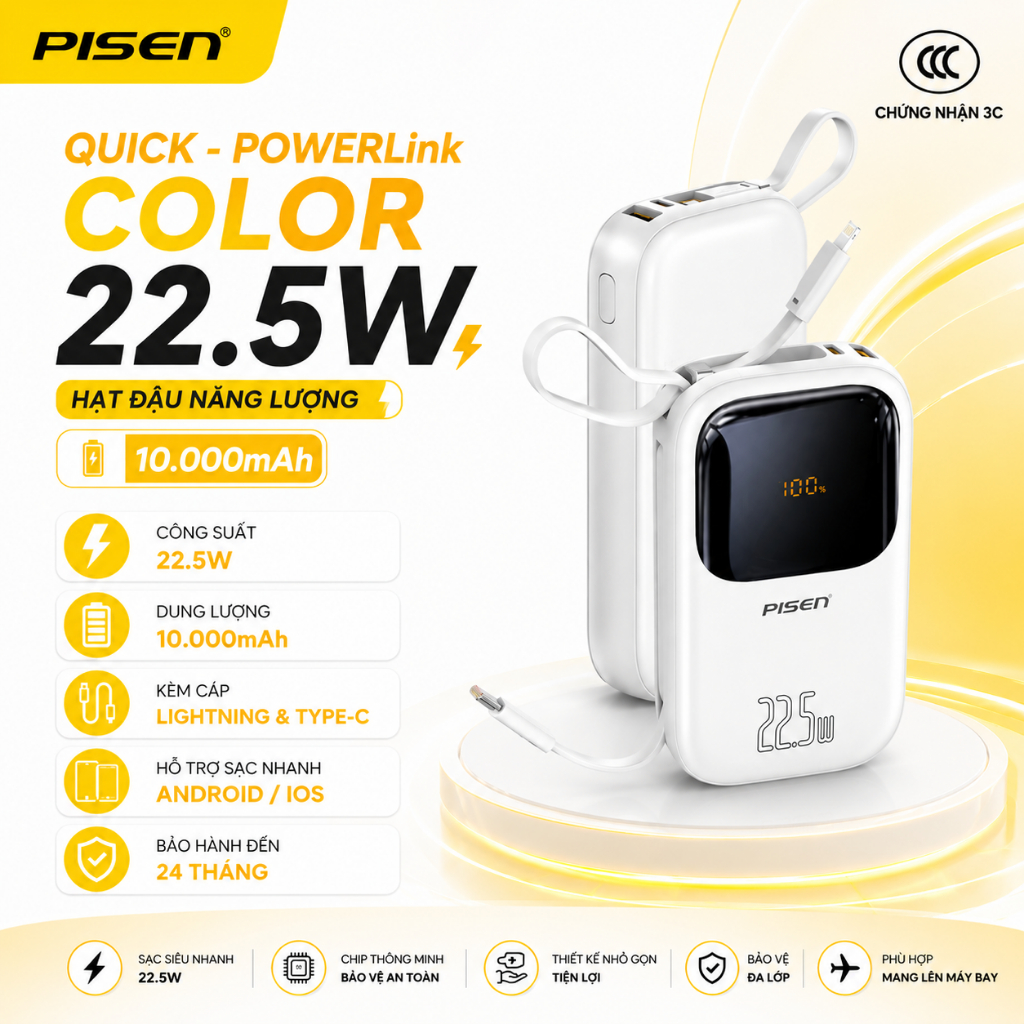 Sạc dự phòng PISEN QUICK - POWERLink Color 22.5W 10000mAh - 20000mAh ( L & C ) - Hạt đậu năng lượng
