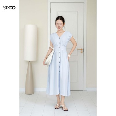 Đầm dáng xòe dài cổ V ngắn tay SIXDO (Light Blue Woven Flared Dress)