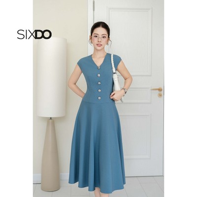 Đầm dáng xòe dài tay hến cổ V SIXDO (Blue Grey Woven Flared Dress)