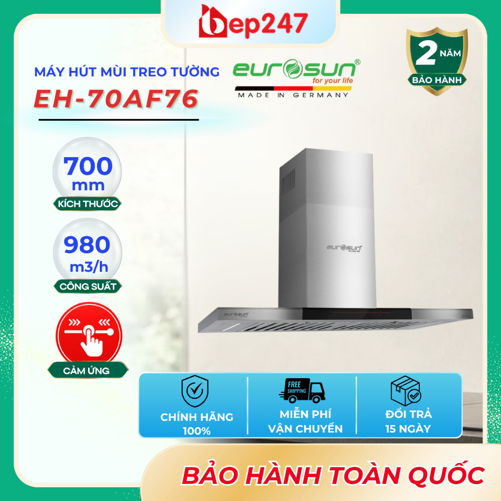 Máy Hút Mùi Eurosun EH-70AF76 70cm Inverter BLDC Hút 980m3/h Gắn Tường Cảm Ứng Chính Hãng