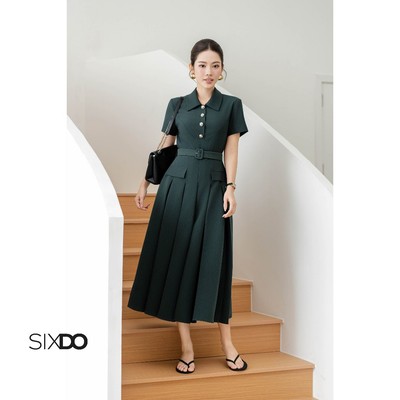 Đầm dáng xòe cổ đức dập ly SIXDO (Pine Green Woven Flared Dress)