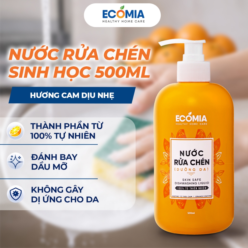 Nước Rửa Chén Sinh Học Ecomia 500ml – Enzyme Cam Tự Nhiên, Làm Sạch Nhanh, An Toàn