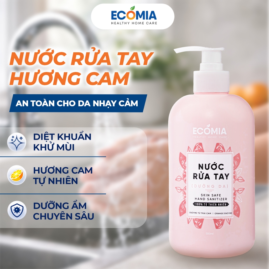 Nước Rửa Tay Sinh Học ECOMIA Enzyme Cam 500ml Làm Sạch Dịu Nhẹ, Khử Khuẩn, An Toàn Cho Da Tay