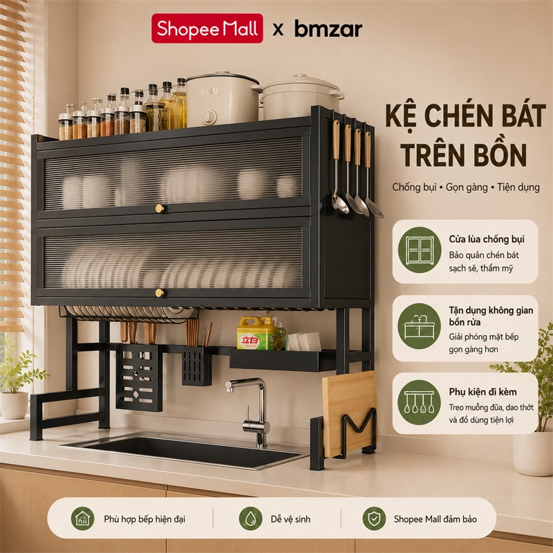 BMZAR Kệ chén có nắp đậy thép cacbon Kệ bát trên bồn rửa bát 65-125CM Kệ úp chén Có thể chịu được 200kg