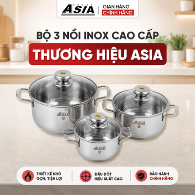 Bộ 3 Nồi INOX ASIA 3 Đáy Cao Cấp Nắp Kính Kích Thước 16,20,24Cm Sử Dụng Mọi Loại Nồi