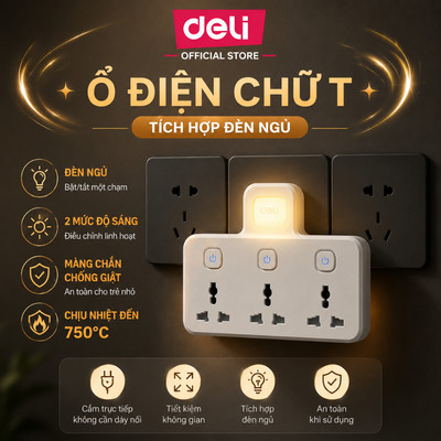 Ổ Cắm Điện Kèm Đèn Ngủ Deli Ổ Điện Chữ T Có Đèn Ngủ Công Tắc Độc Lập Nhỏ Gọn Đa Năng Tích Hợp  Cổng Sạc Nhanh