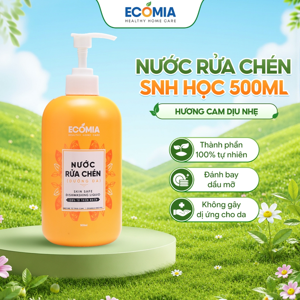 Nước Rửa Chén Sinh Học ECOMIA 500ml Sạch Nhanh, An Toàn, Công Nghệ Enzyme Từ Quả Cam