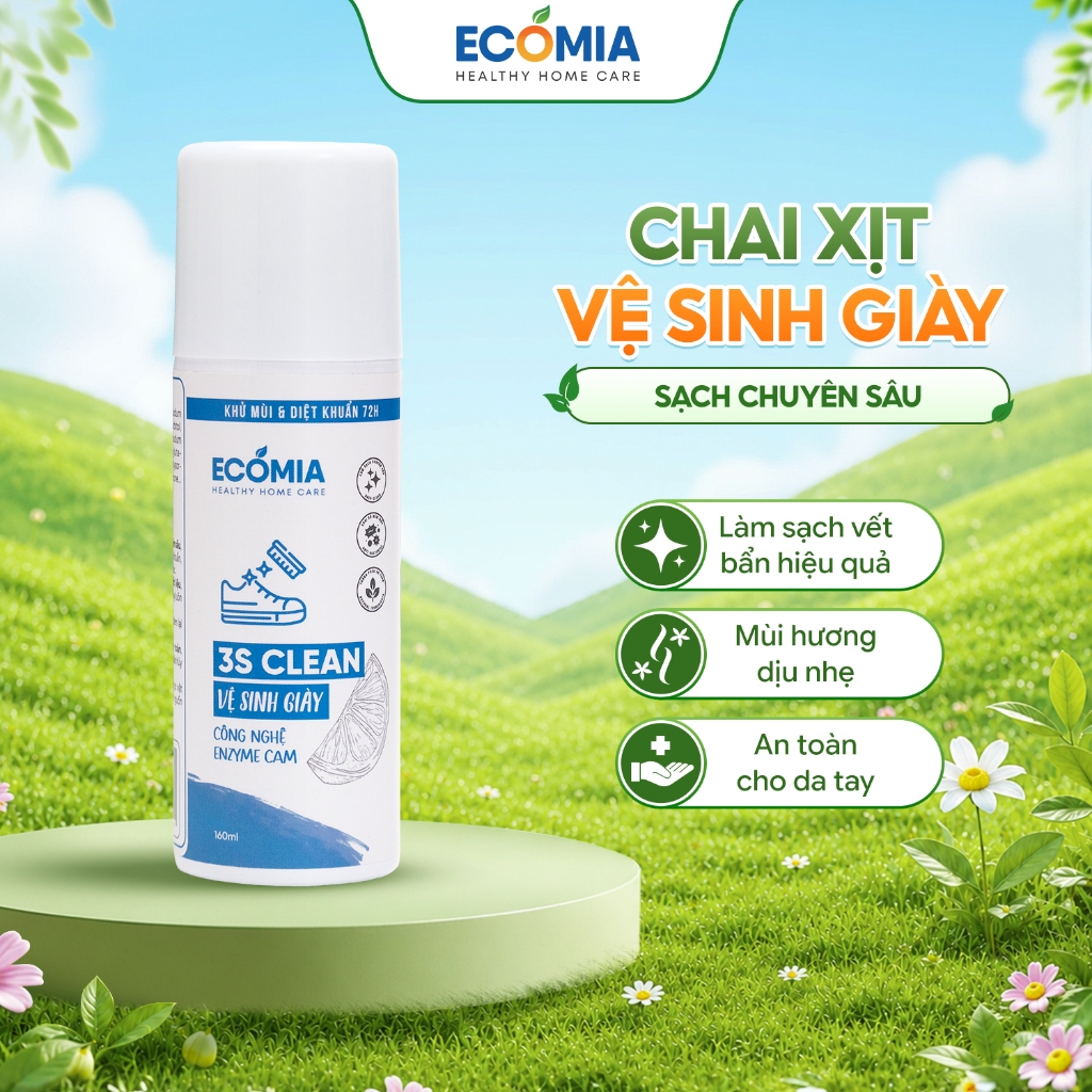 Xịt Vệ Sinh Giày 3S Clean ECOMIA 100ml, Chai Vệ Sinh Giày Khô Sạch Và Khử Mùi Hôi Giày