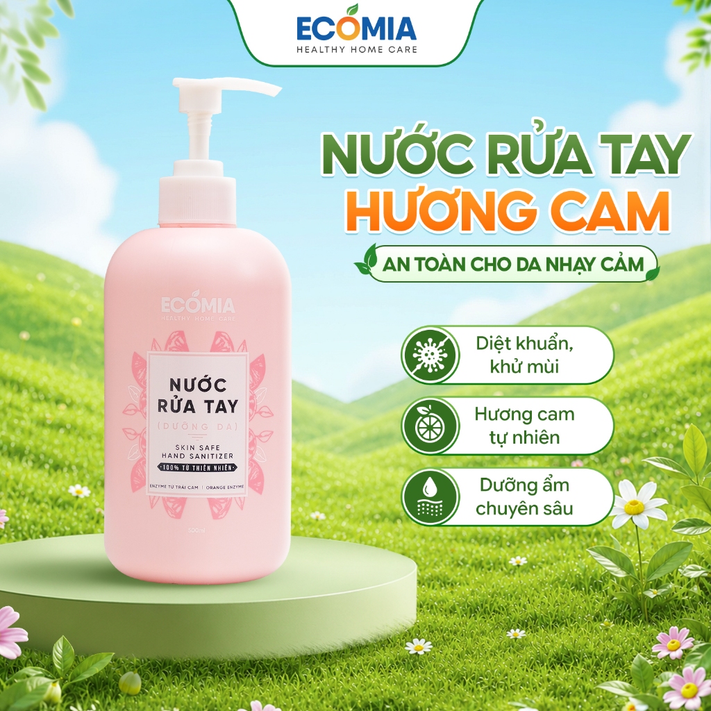 Nước Rửa Tay Sinh Học ECOMIA Enzyme Cam 500ml Làm Sạch Dịu Nhẹ, Khử Khuẩn, An Toàn Cho Da Tay