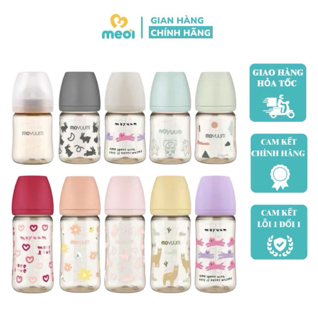 Bình sữa Moyuum Hàn Quốc Đầy Đủ Các Phiên Bản, núm ti mềm mại, nhựa PPSU, dung tích 170ml/270ml
