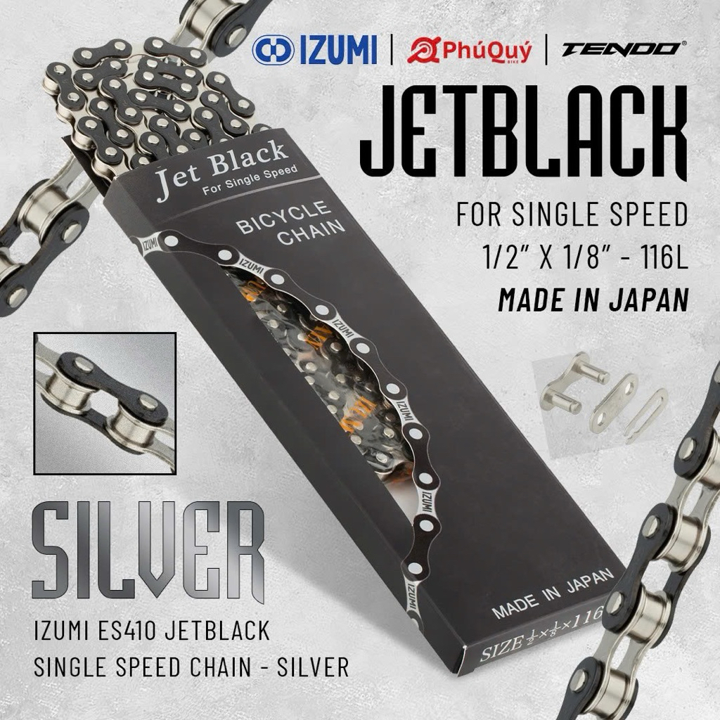 Sên Xích Izumi Jet Black BẠC - Đen 116L (ES410JB-S) [ CHÍNH HÃNG ] Dùng Cho Xe Đạp Fixedgear