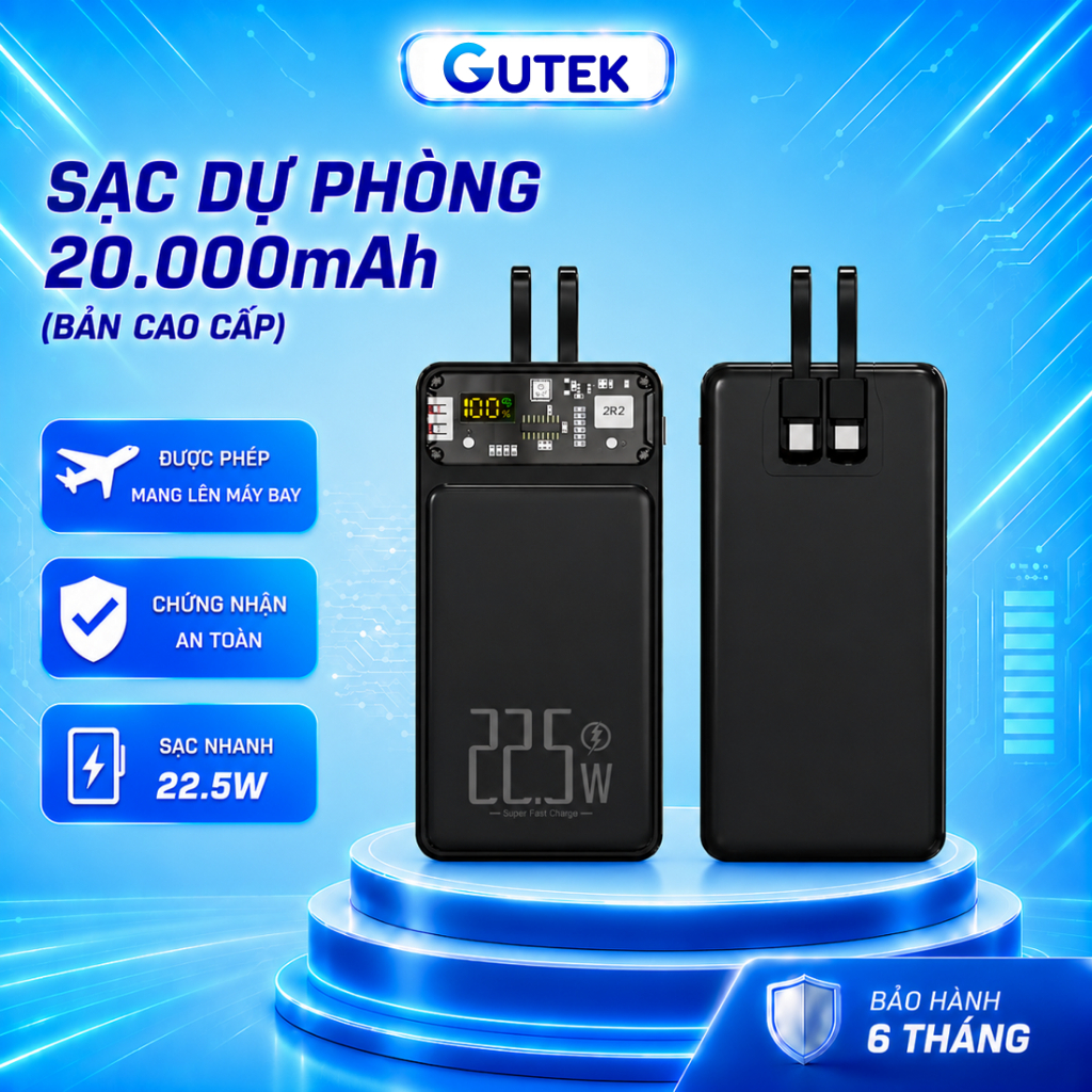 Pin Sạc dự phòng 20000mah sạc nhanh 22,5W dung lượng pin lớn có sẵn dây cho điện thoại - Gutek DX160