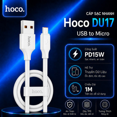 Cáp sạc nhanh PD15W USB to Micro Hoco DU17 dây TPE siêu bền hỗ trợ truyền dữ liệu cho Smartphone/Android dài 1M