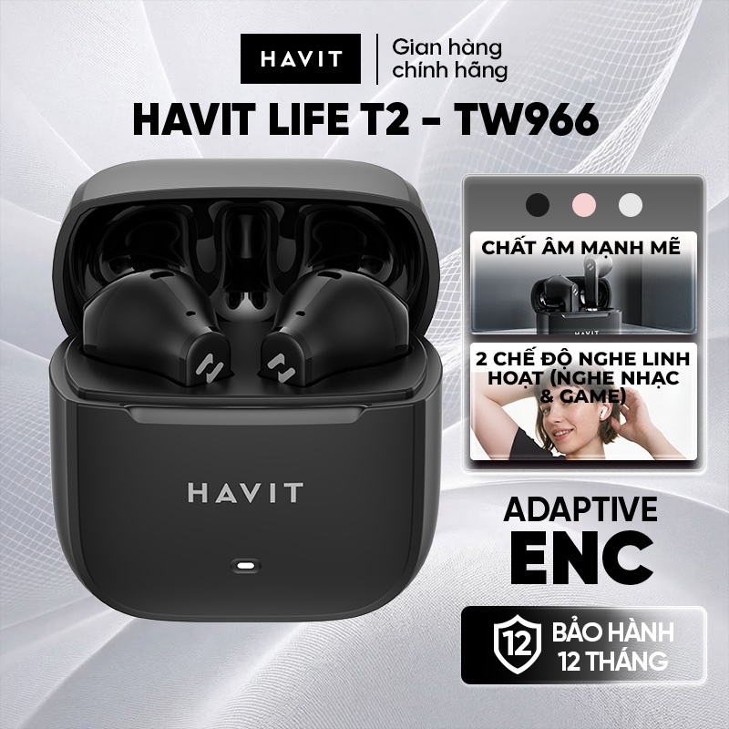 Tai Nghe Không Dây Havit LIFE T2 - TW966 | 4 Mic ENC Chống Ồn | Bluetooth 6.0 | Pin Trâu 25H | Kết Nối 15M | Bass Mạnh