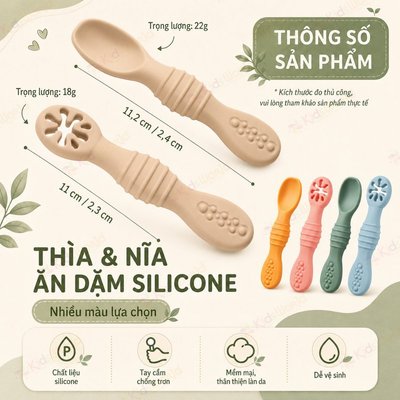 Bộ 2 Thìa ăn dặm silicone đúc nguyên khối cho bé Dẻo an toàn chịu nhiệt độ cao,Thìa 2 đầu KidsWorld