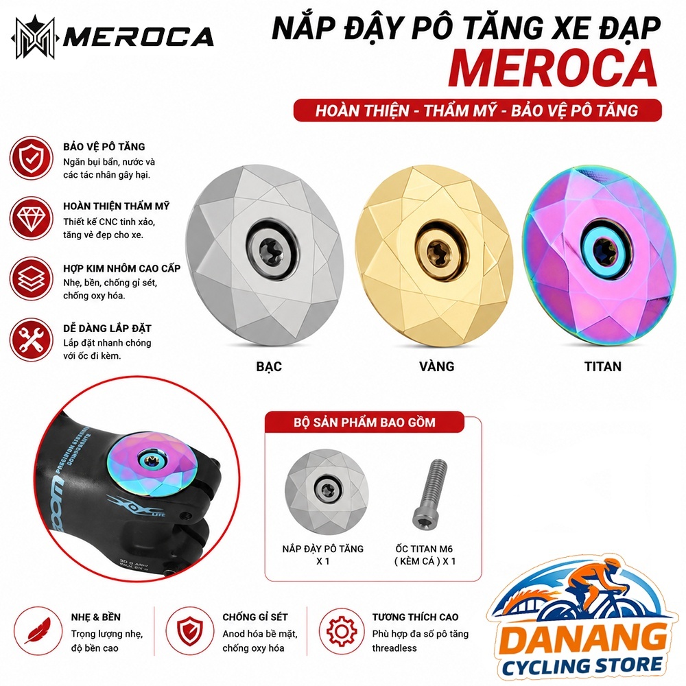 Nắp Đậy Pô Tăng Xe Đạp MEROCA – Nắp Chén Cổ Hợp Kim Nhôm CNC 1-1/8 Inch