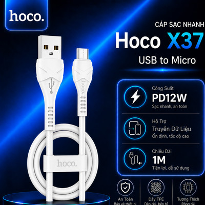 Cáp sạc PD12W USB to Micro Hoco X37 hỗ trợ truyền dữ liệu dùng cho Samsung/android , dài 1m