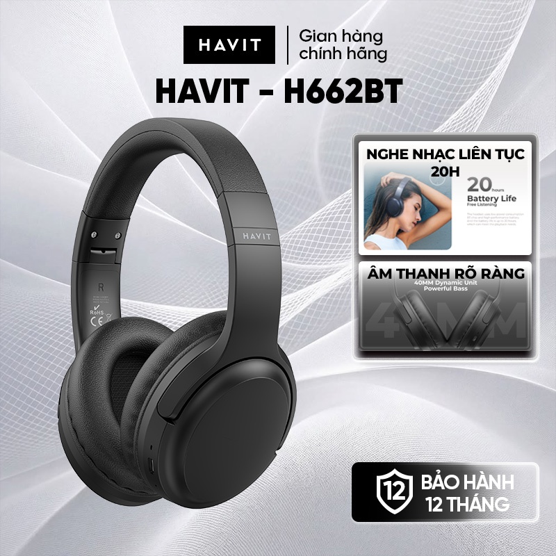 Tai nghe Bluetooth Headphone Havit H662BT Pin 20 tiếng | Kiểu Dáng Basic | BT 5.3