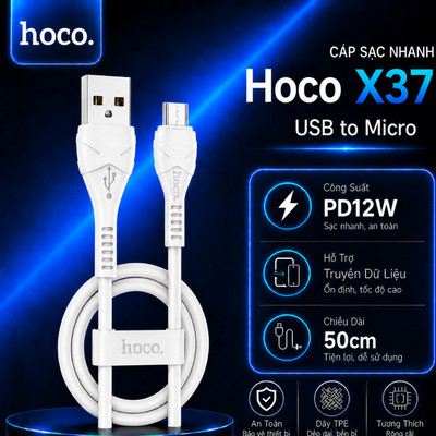 Cáp sạc PD12W USB to Micro Hoco X37 dây dẻo dùng cho Android/Samsung/Oppo,hỗ trợ truyền dữ liệu dài 50cm