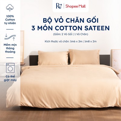 Bộ Vỏ Chăn Gối 3 Món Cotton Sateen Ru9 Bo Chun | Thoáng Mát Mềm Mịn | Màu Trơn - Nhiều Màu  | Size 1m6 x 2m; 2m2 x 2m