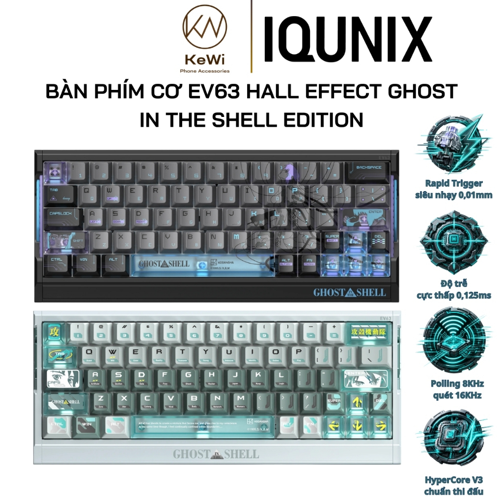 Bàn Phím Gaming Hall Effect IQUNIX EV63 Ghost in the Shell Edition Rapid Trigger 0.01mm 8KHz