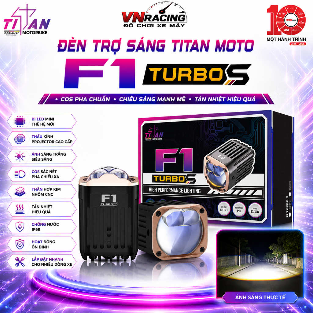Đèn Trợ Sáng Titan F1 Turbo S Chính Hãng Xe Máy Siêu Sáng Ánh Sáng Mạnh Cắt Sáng Chuẩn Không Chói