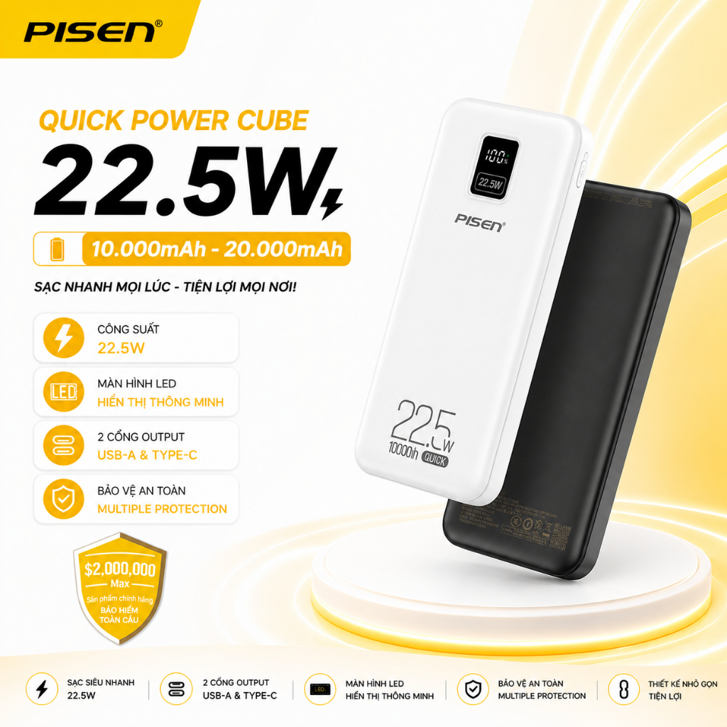 Sạc dự phòng PISEN QUICK Power Cube 22.5W 10000mAh - 20000mAh (TP-D193 & TP-D194) - Bảo hành 24 thán